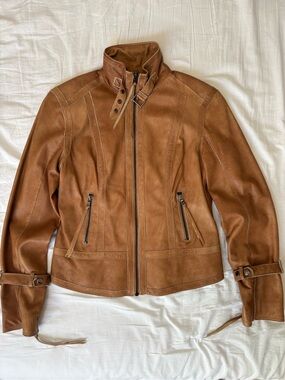 Andrew Marc Brown Leather Zip-Up Jacket with Buckle Collar